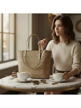 Coach City Tote Bag in Signature Canvas Light Khaki Chalk 5696 Excellent Conditn
